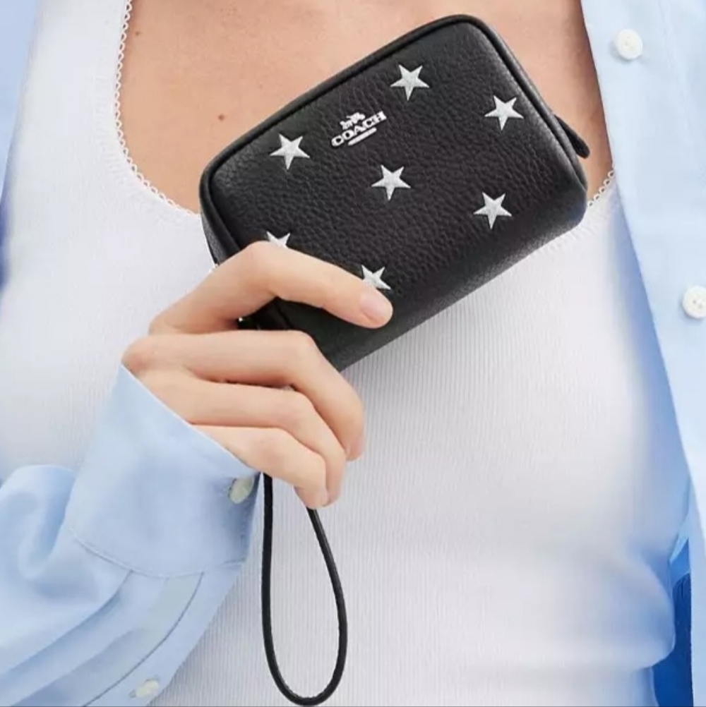 Coach Black Star-Embellished Pouch / Cosmetics Bag/ Wristlet - Silver Hardware